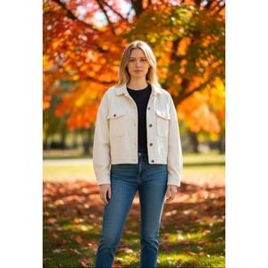 Womens Corduroy Cropped Jacket Beige Button Front Long Sleeve Size XL BTFBM